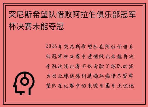突尼斯希望队惜败阿拉伯俱乐部冠军杯决赛未能夺冠 突尼斯希望队惜败阿拉伯俱乐部冠军杯决赛未能夺冠